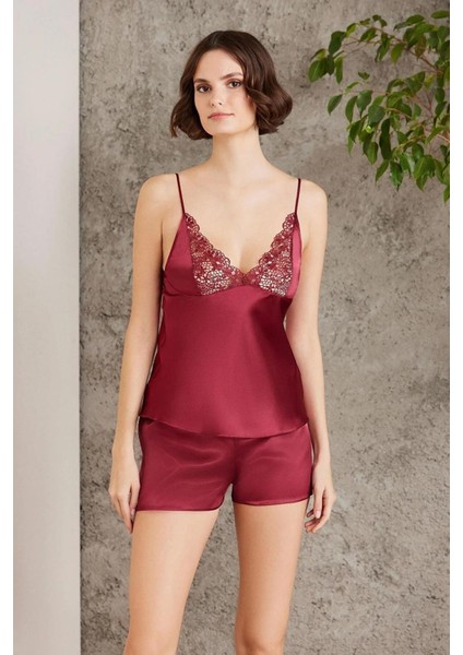 Saten Gecelik Sabahlık Pijama Takım Şort Takım 6'lı Gelin Çeyiz Seti Bordo 6005