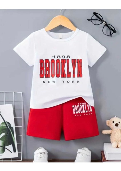 Özel Tasarım Bisiklet Yaka Brooklyn Baskılı Erkek Çocuk Trend T-Shırt Şort Takımı