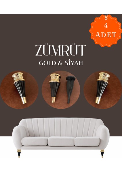 Zümrüt Gold Siyah Mobilya Koltuk Ayağı Chester Komidin Tv Ünitesi Vestiyer Ayağı 17 cm 4 Adet