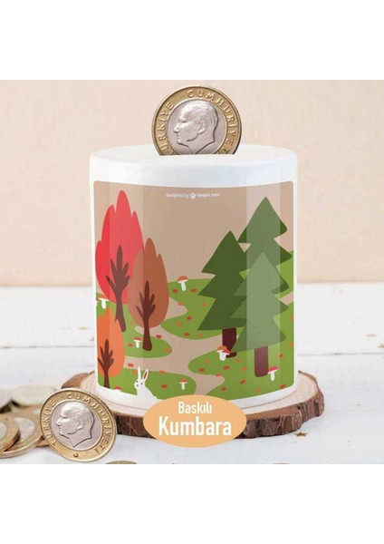 Sonbahar Temalı Ağaç Baskılı Para Birikim Kumbarası - Renk: Yeşil