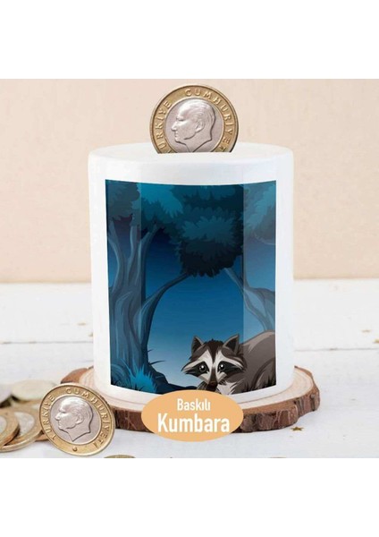 Gece Ormanında Rakun Baskılı Para Birikim Kumbarası, sevimli ve fonksiyonel tasarım
