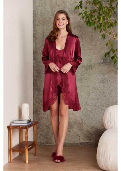 Kadın 4'lü Bordo Saten Takım Gelin Çeyiz Seti 7045