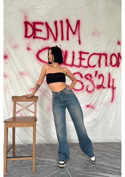 Yüksek Bel Geniş Paça Pantolon-Lacivert