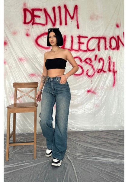 Yüksek Bel Geniş Paça Pantolon-Lacivert fırsatları