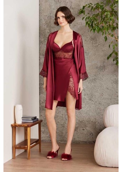 Saten Gecelik Sabahlık Pijama Şort Takım 6'lı Gelin Seti 6000 Bordo