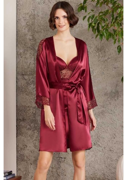 Saten Gecelik Sabahlık Pijama Şort Takım 6'lı Gelin Seti 6000 Bordo fiyatları