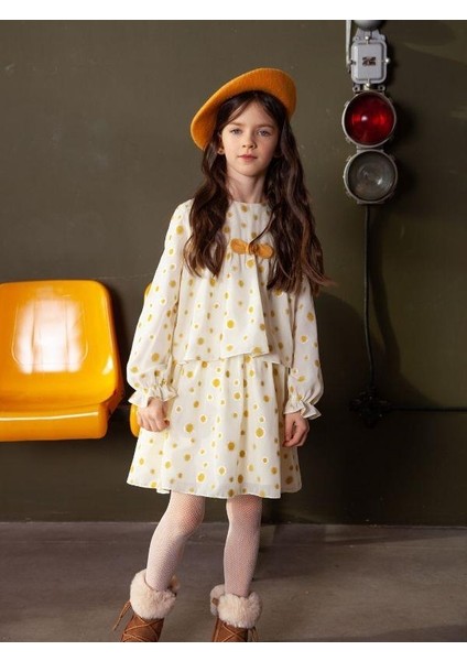 Kız Çocuk Sarı Puantiye Detaylı Fiyonklu Kolu Lastikli Elbise
