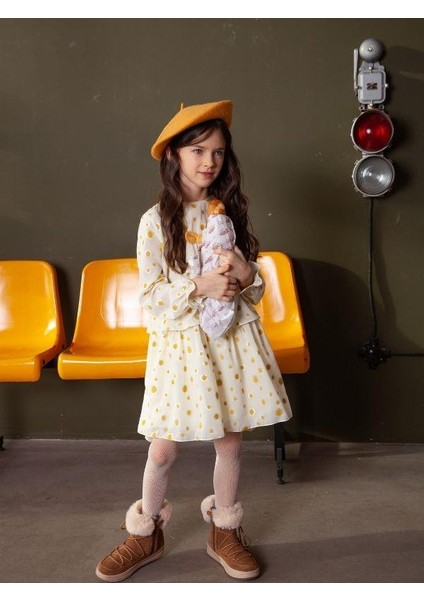 Kız Çocuk Sarı Puantiye Detaylı Fiyonklu Kolu Lastikli Elbise fiyatları