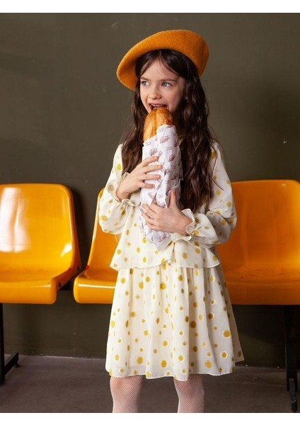 Kız Çocuk Sarı Puantiye Detaylı Fiyonklu Kolu Lastikli Elbise indirimleri