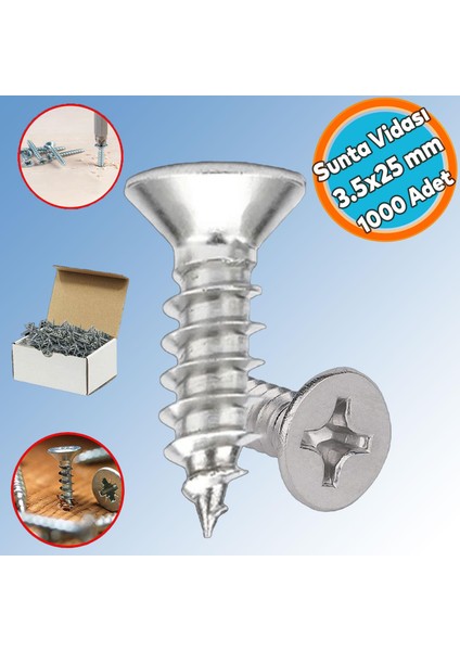 Sunta Vidası Sivri Uçlu Ahşap Tahta Ağaç Mobilya Ayak Kulp Vidası 3.5X25 mm Paket 1000 Adet