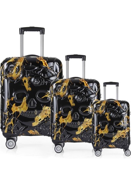 Ççs 5217 Kren Alevli Siyah Polikarbon Valiz Seti Valiz Düzenleyici Hediyeli