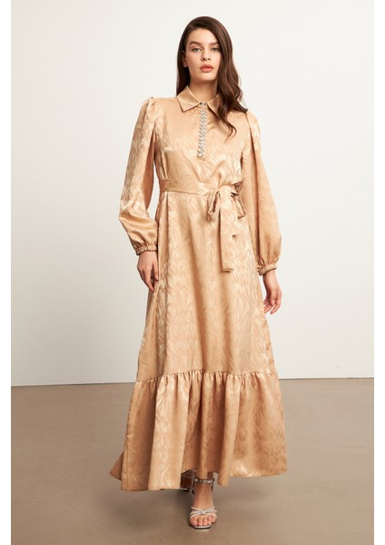 Royal Taşlı Jakar Elbise - Gold fırsatları