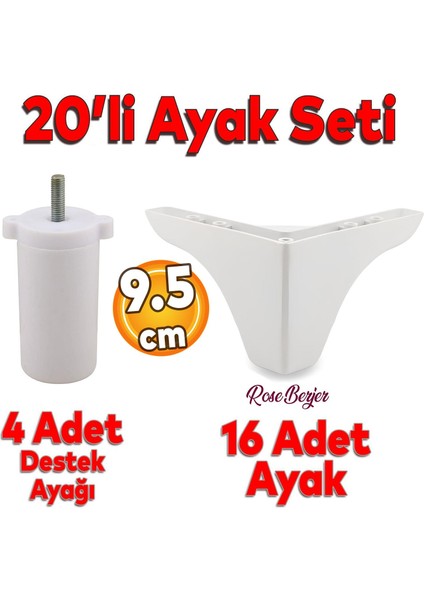 20'li Set Rose Berjer Mobilya Koltuk Kanepe Tv Ünitesi Yükseltme Destek Ayağı 9.5 cm Beyaz Ayakları