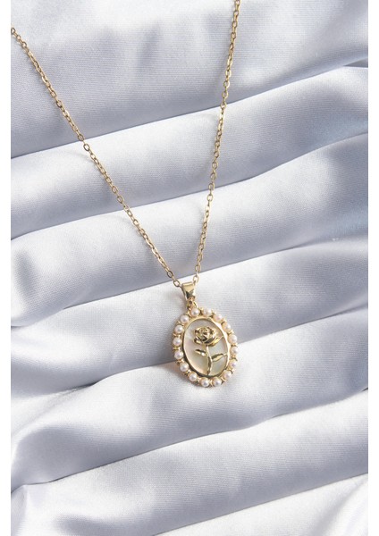 Shopzum Shopzum Shopzum Shopzum Shopzum 316L Çelik Shopzum Gold Renk Gül Model Inci Detay Kadın Kolye