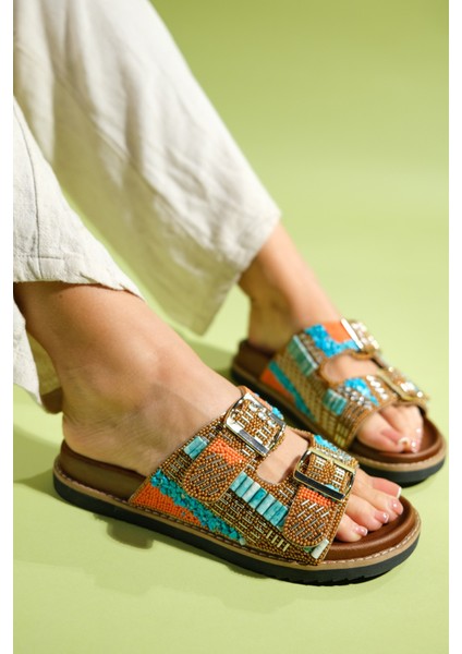 Lanso Taba Taşlı Çift Bantlı Kadın Terlik