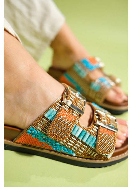 Lanso Taba Taşlı Çift Bantlı Kadın Terlik fiyatları