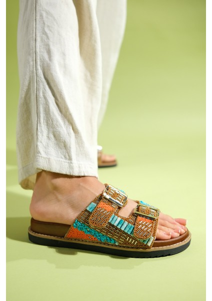 Lanso Taba Taşlı Çift Bantlı Kadın Terlik modelleri