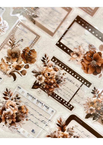 Vintage Çerçeveli Çiçek Fotoğraf Serisi Kahverengi Renk 20 Adet Şeffaf Pet Sticker / Su Geçirmez modelleri