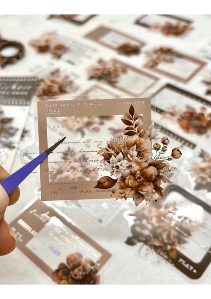 Vintage Çerçeveli Çiçek Fotoğraf Serisi Kahverengi Renk 20 Adet Şeffaf Pet Sticker / Su Geçirmez fırsatları