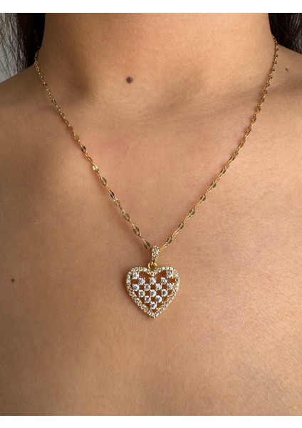 Çelik Gold Zirkon Taşlı Kalp Kolye