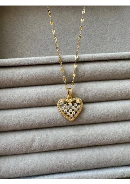Çelik Gold Zirkon Taşlı Kalp Kolye modelleri