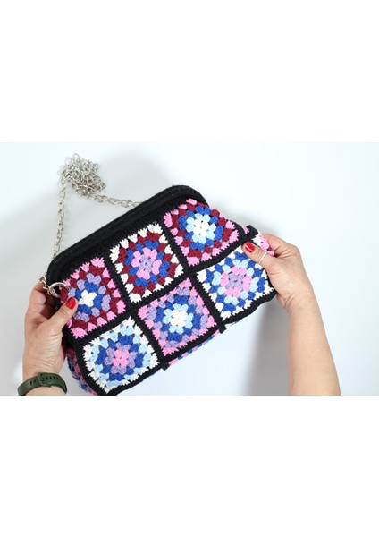 Kare Motif Detaylı El Örgüsü Handmade Bohem Omuz Çantası