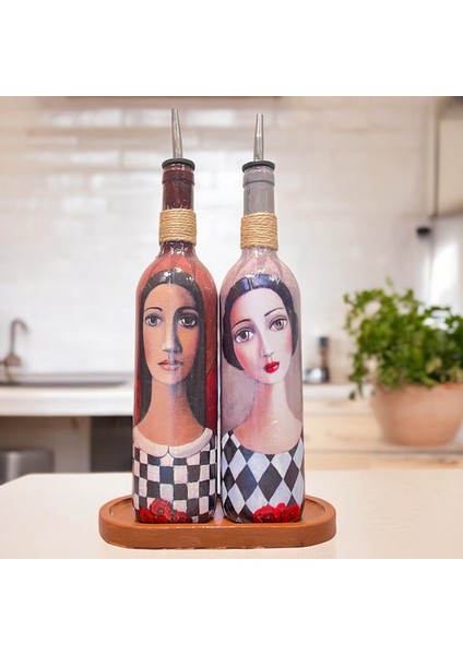 El Yapımı Ekoseli Kadın 750 ml Zeytinyağı Sıvıyağ Şişesi Yağdanlık Yağlık Sirkelik Sosluk 2'li Set