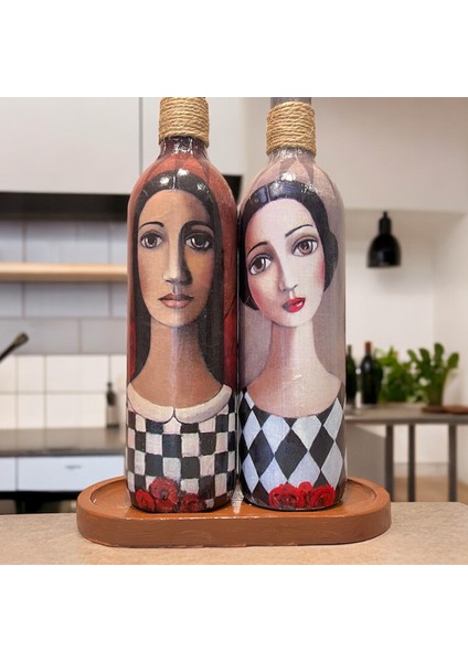 El Yapımı Ekoseli Kadın 750 ml Zeytinyağı Sıvıyağ Şişesi Yağdanlık Yağlık Sirkelik Sosluk 2'li Set