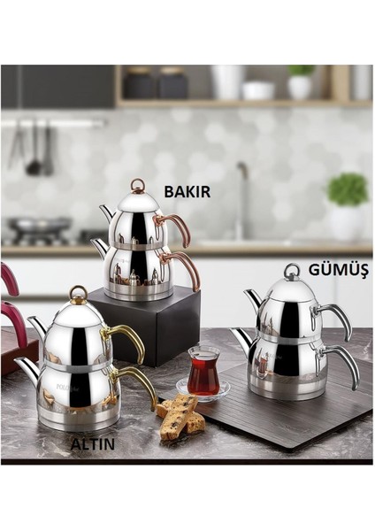 Zümrüt Çelik Çaydanlık Mega, Paslanmaz ve Bakır Malzeme, Şık Gümüş Renk