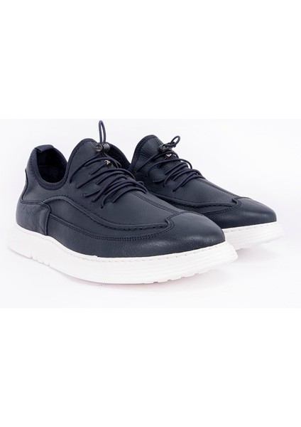 Lacivert Deri Lastik Bağcıklı Erkek Sneaker Ayakkabı