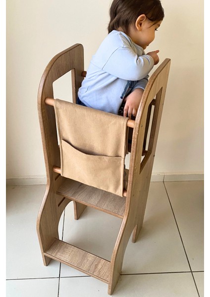Yüksekliği ayarlanabilir doğal MDF öğrenme kulesi, modern tasarım ve güvenli kullanım