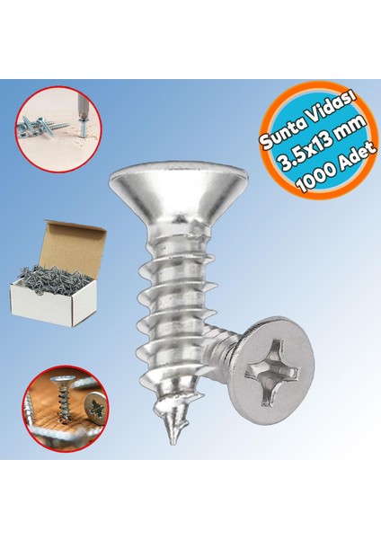 Sunta Vidası Sivri Uçlu Ahşap Tahta Ağaç Mobilya Ayak Kulp Vidası 3.5X13 mm Paket 1000 Adet