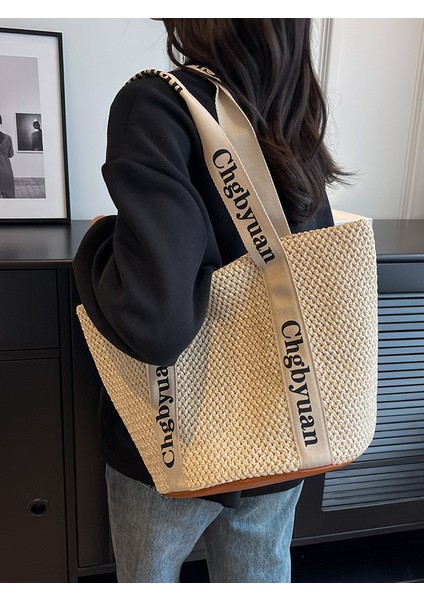 Dokuma Hasır Çanta Kadın Büyük Kapasiteli 2024 Yeni Sonbahar ve Kış Çok Yönlü Tek Omuz Sahil Plaj Çantası Banliyö Kova Çantası (Yurt Dışından) indirimleri