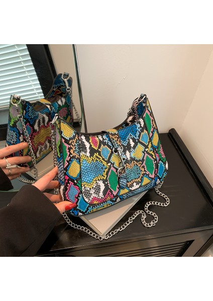 Sınır Ötesi Doku Zincir Çanta 2024 Bahar Yeni Kadın Çantası Kişiselleştirilmiş Yılan Deseni Omuz Çantası Retro Kontrast Crossbody Çanta Moda (Yurt Dışından)