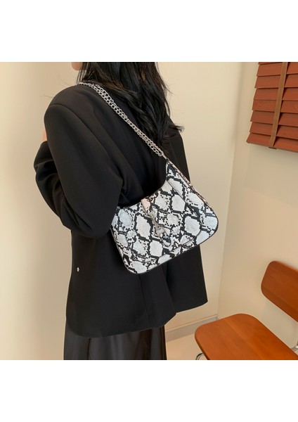 Sınır Ötesi Doku Zincir Çanta 2024 Bahar Yeni Kadın Çantası Kişiselleştirilmiş Yılan Deseni Omuz Çantası Retro Kontrast Crossbody Çanta Moda (Yurt Dışından)
