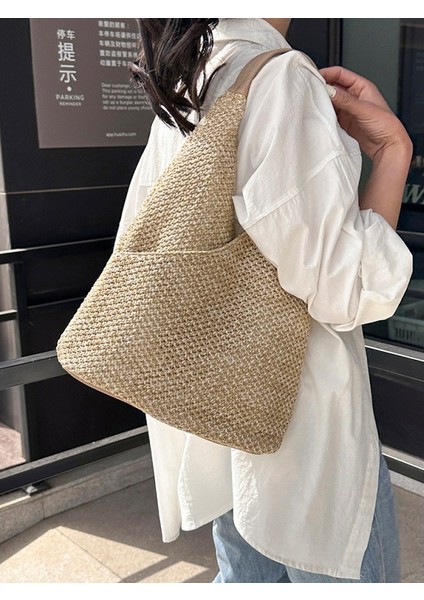 Kadınlar Için Yaz Hasır Dokuma Çanta 2024 Yeni Moda Büyük Kapasiteli Banliyö Çantası Dokulu Tek Omuzlu Plaj Çantası (Yurt Dışından)