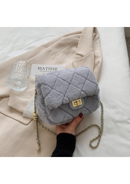 Vizon Peluş Peluş Kadın Çanta Zinciri Moda Eşkenar Dörtgen Tek Omuz Crossbody Çanta Peluş Çanta (Yurt Dışından)