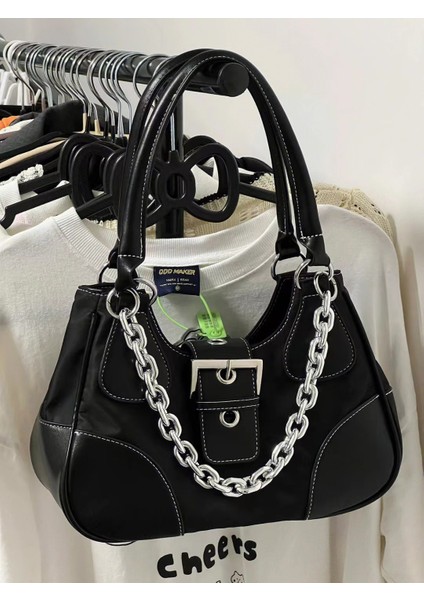 Tatlı ve Serin Rugan Kanvas Koltuk Altı Çanta Kadın Yeni Moda Metal Zincir Sıcak Kız Çok Yönlü Omuz Çantası (Yurt Dışından)