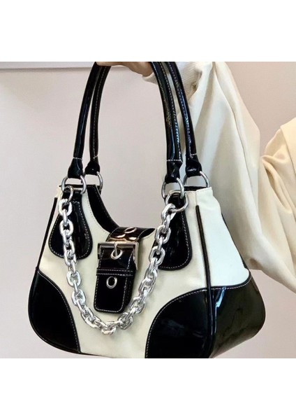 Tatlı ve Serin Rugan Kanvas Koltuk Altı Çanta Kadın Yeni Moda Metal Zincir Sıcak Kız Çok Yönlü Omuz Çantası (Yurt Dışından)