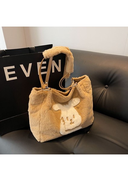 Büyük Kapasiteli Çanta Kore Tavşanı Peluş Tote Çanta Kadın Çok Yönlü Banliyö Çantası Fransız Omuz Çantası (Yurt Dışından)