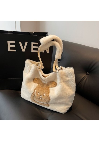 Büyük Kapasiteli Çanta Kore Tavşanı Peluş Tote Çanta Kadın Çok Yönlü Banliyö Çantası Fransız Omuz Çantası (Yurt Dışından)