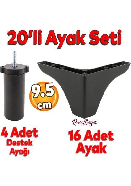 20'li Set Rose Berjer Mobilya Koltuk Kanepe Tv Ünitesi Yükseltme Destek Ayağı 9.5 cm Siyah Ayakları