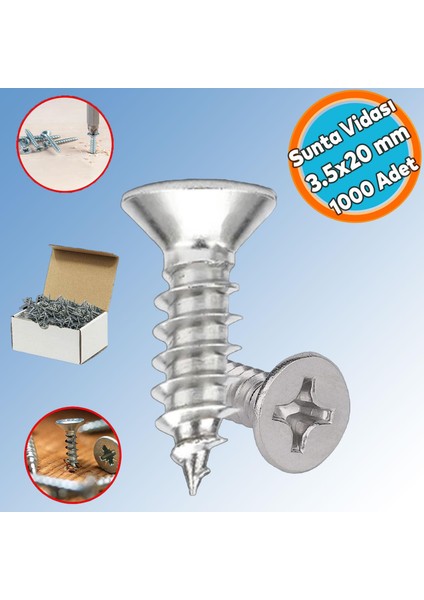 Sunta Vidası Sivri Uçlu Ahşap Tahta Ağaç Mobilya Ayak Kulp Vidası 3.5X20 mm Paket 1000 Adet