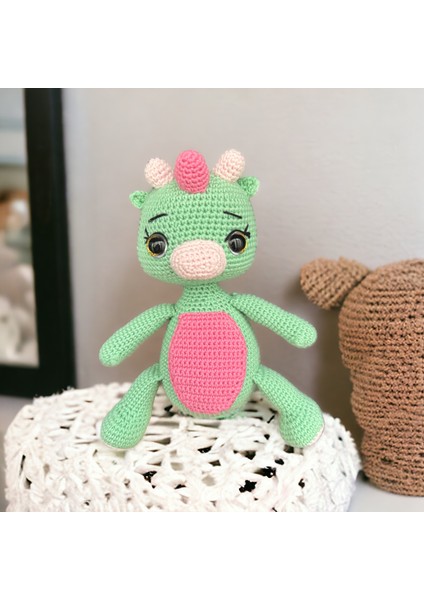 Paris Organik Oyuncak Sevimli Dinazor Amigurumi Oyuncak (25 cm Içi Çıngıraklı)