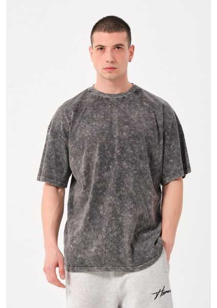 Erkek Bisiklet Yaka Oversize Yıkamalı T-Shirt
