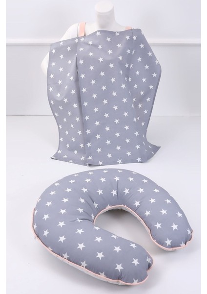 Emzirme Yastığı ve Önlüğü Seti, Pamuklu, Açık Gri Bebepembe Desen