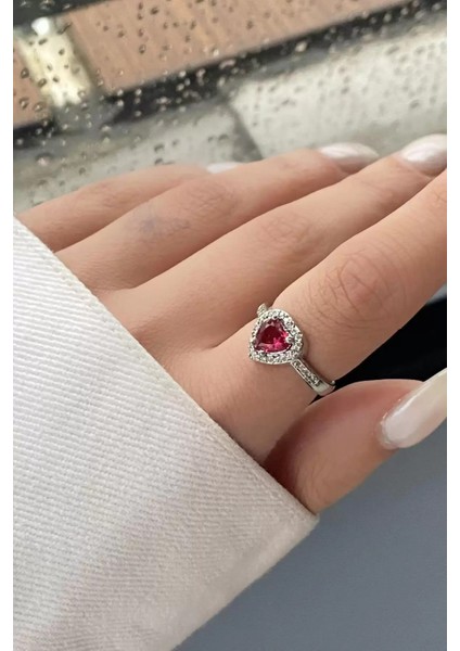 Gümüş Renk Pembe Kalp Figürlü Ayarlanabilir Yüzük,hediyelik Yüzük