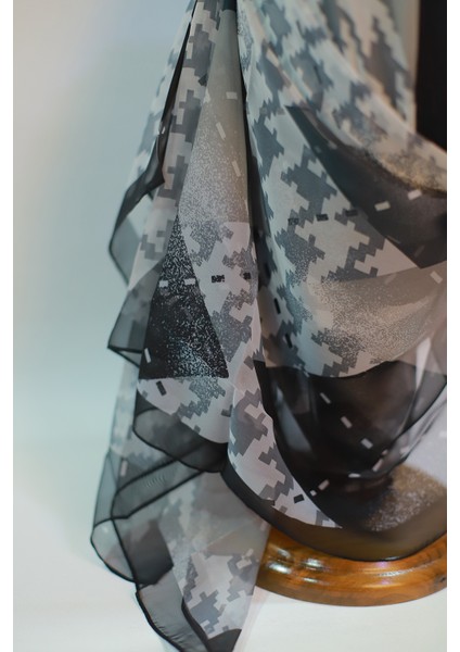 Siyah Gri Beyaz Ipek - Polyester Eşarp Şal indirimleri