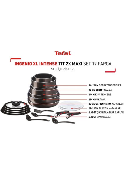 Titanyum Ingenio Xl Intense Titanyum 2x Maxi Set 19 Parça 0-50 Siyah Yapışmaz Taban Bakır