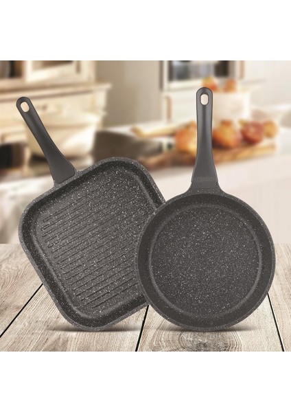 Kızartma Tavası 2'li Frapan Tava Seti (28 cm Grill, 26CM )- Gri 2 Parça Granit Döküm Gri Yapışmaz T